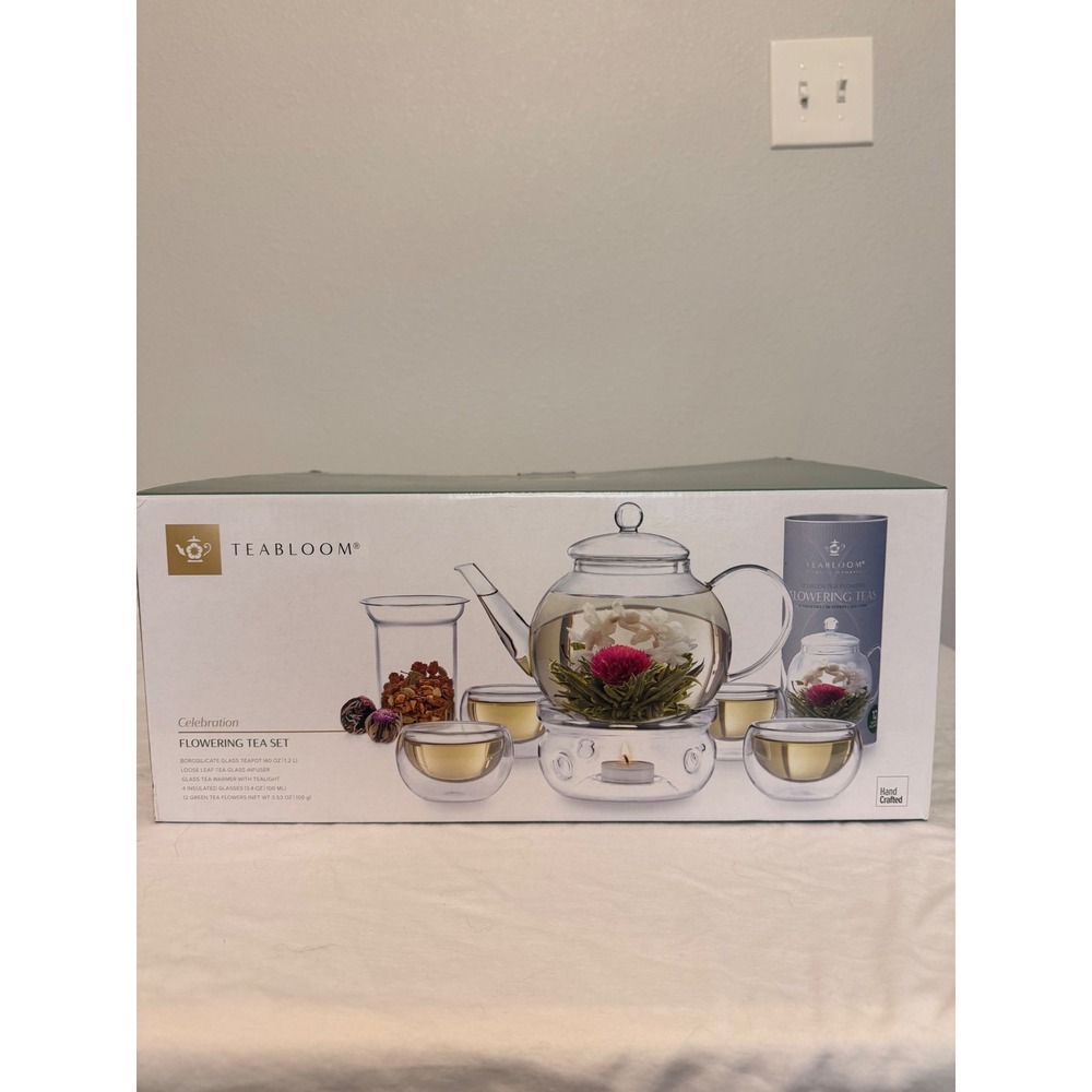 Teabloom Celebration Flowering Tea Set 40oz Glass Teapot 4 Cups 12 Tea Blooms